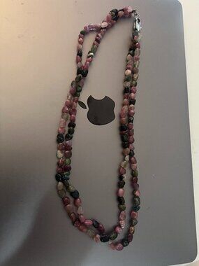 Pretty two strand watermelon tourmaline necklace with stainless steel clasp